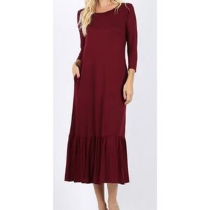 Viscose dress maxi ruffle hem burgundy pockets L